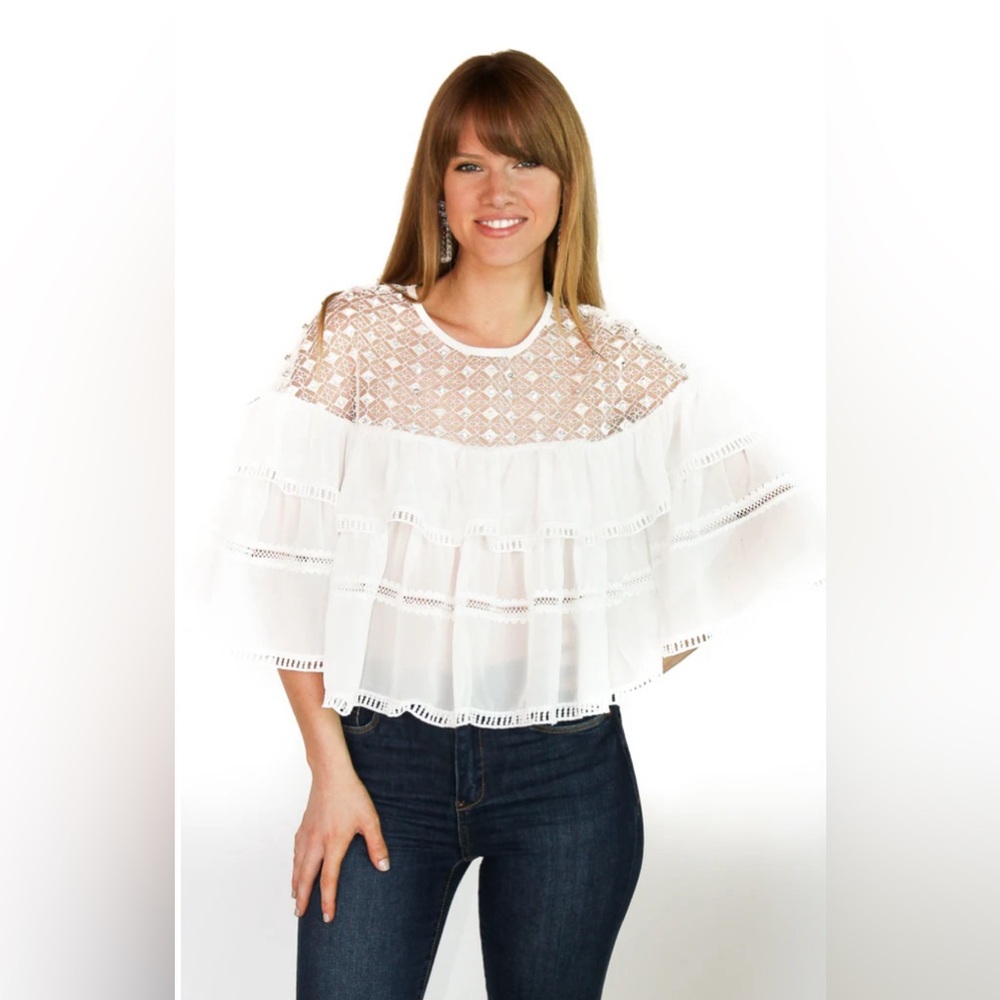 White tired ruffle top with beaded mesh